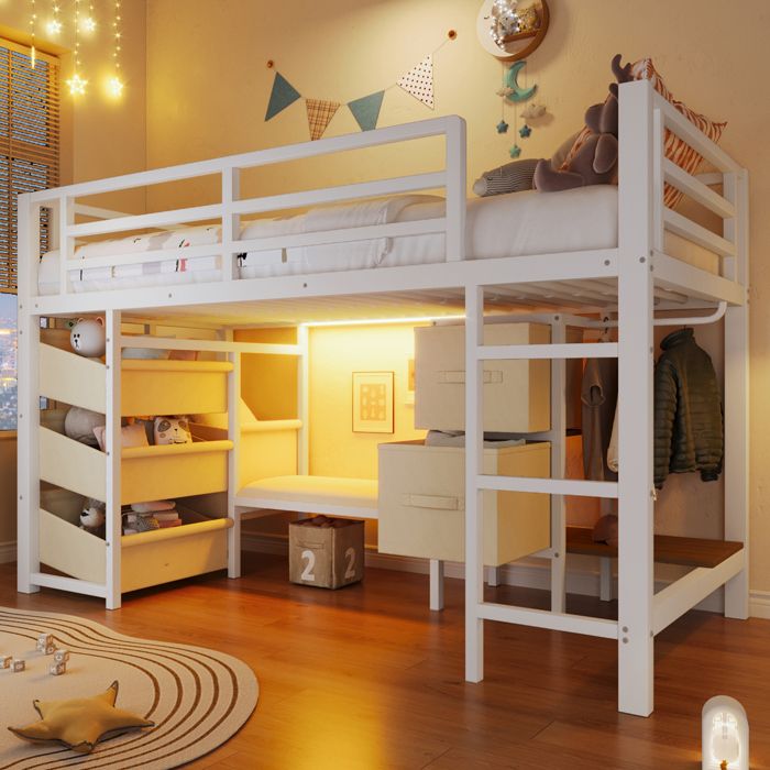 Lit mi-hauteur en métal 90 x 200 cm avec LED RGB coussin tiroir de rangement en tissu lit mezzanine avec et crochet blanc Lit mi-hauteur en métal 90 x 200 cm avec LED RGB coussin tiroir de rangement en tissu lit mezzanine avec et crochet blanc
