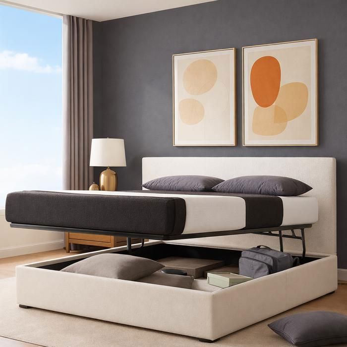 Lit coffre - SAMPUR - 140x190 cm - Simili cuir blanc - Tête de lit incluse - Ouverture latérale ergonomique