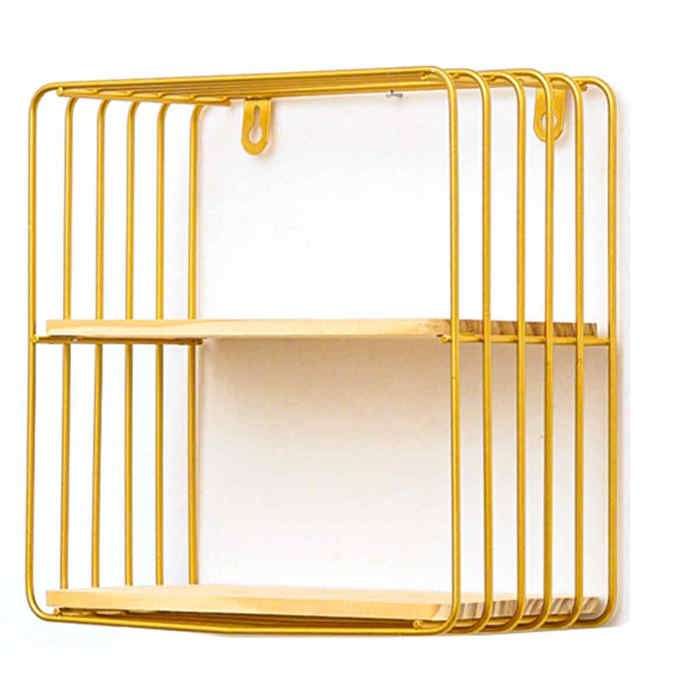 Étagère murale en bois et fer élégante et raffinée pour salon cuisine et salle de bain. Étagère carrée à double niveau dorée.