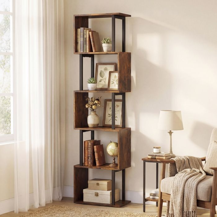 Bibliothèque sur Pieds à 5 Niveaux COSTWAY en Forme de S Cadre Métal Étagère Ouverte à Livres pour Salon Chambre Bureau Marron