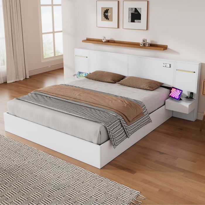 Lit Double 180x200 avec LED Bluetooth USB et Horloge Lit Adulte avec Sommier et 2 Tables de Chevet Blanc