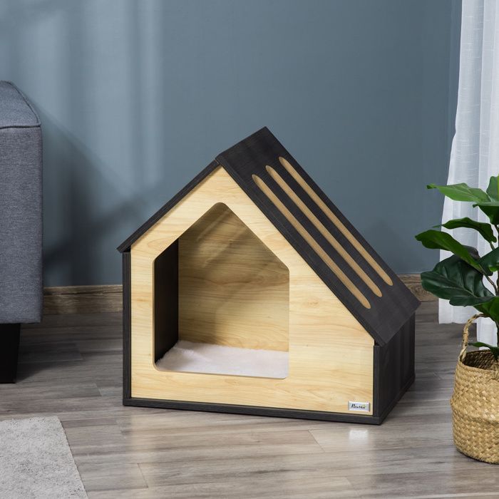 Niche bois chien intérieur confortable chat lit avec coussin petit chien ≤8kg 60x40x59.2cm.