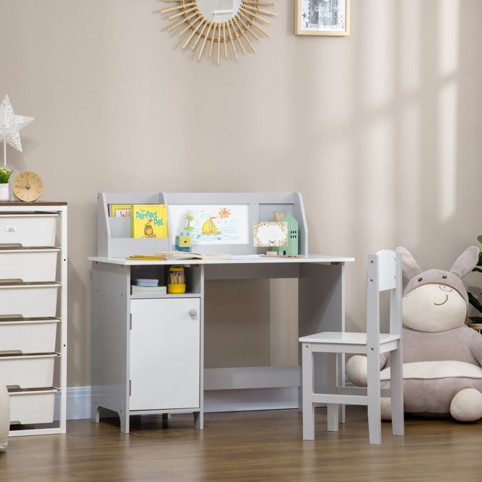 MOTHINESSTO2724-Ensemble table et chaise pour enfant avec tableau blanc - bureau pour enfant +5 ans - 90L x 45l x 85H cm Gris