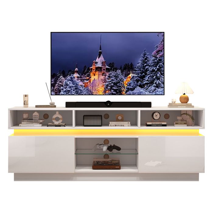 Meuble TV - HIBA - Meuble TV 160×35×60 cm Blanc Brillant - Plateau verre trempé - Éclairage LED pilotable - Pour TV 60 pouces