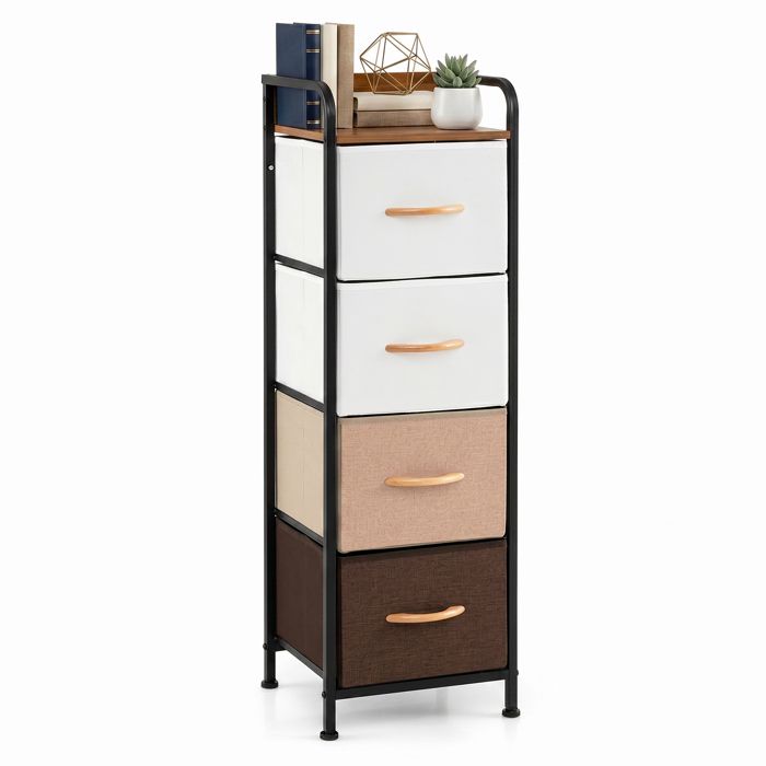COSTWAY Commode Étroite en Tissu 4 Tiroirs avec Poignées Plateau en Bois Cadre en Métal pour Chambre Salon Couloir COSTWAY Commode Étroite en Tissu 4 Tiroirs avec Poignées Plateau en Bois Cadre en Métal pour Chambre Salon Couloir