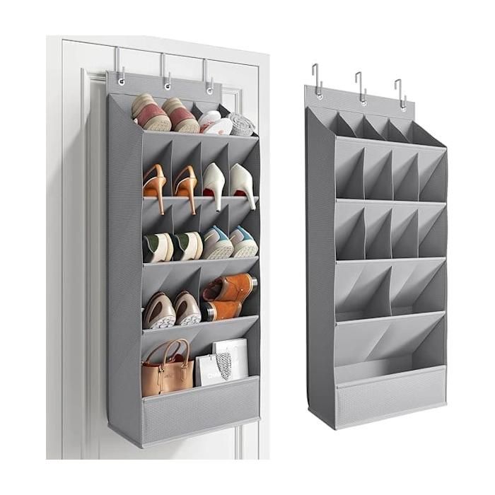 Organisateur de chaussures suspendu 15 poches 3 crochets rangement porte mural en tissu gris