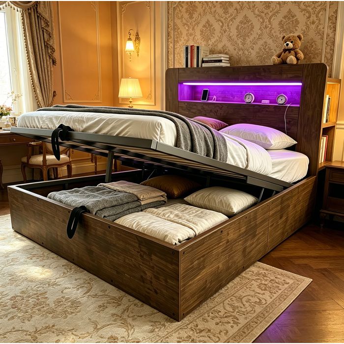 HOMVRA Lit Coffre 140x200 cm Lit simpleavec Rangement Hydraulique LED Prises Bois Couleur Bois(sans matelas)