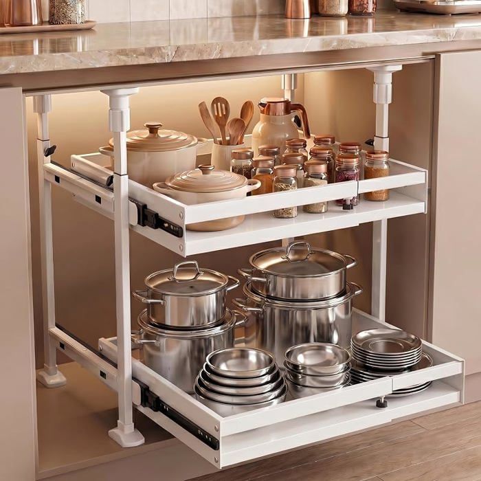 Lot de 2 Tiroirs Coulissants Télescopiques Métalliques Extensibles Sans Perçage ni Colge Organisateur Armoire pour