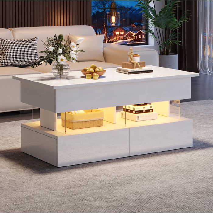 ROVRYN Table basse relevable 100 x 50 x 46 cm avec LED rangement caché 2 tiroirs MDF et acrylique blanc