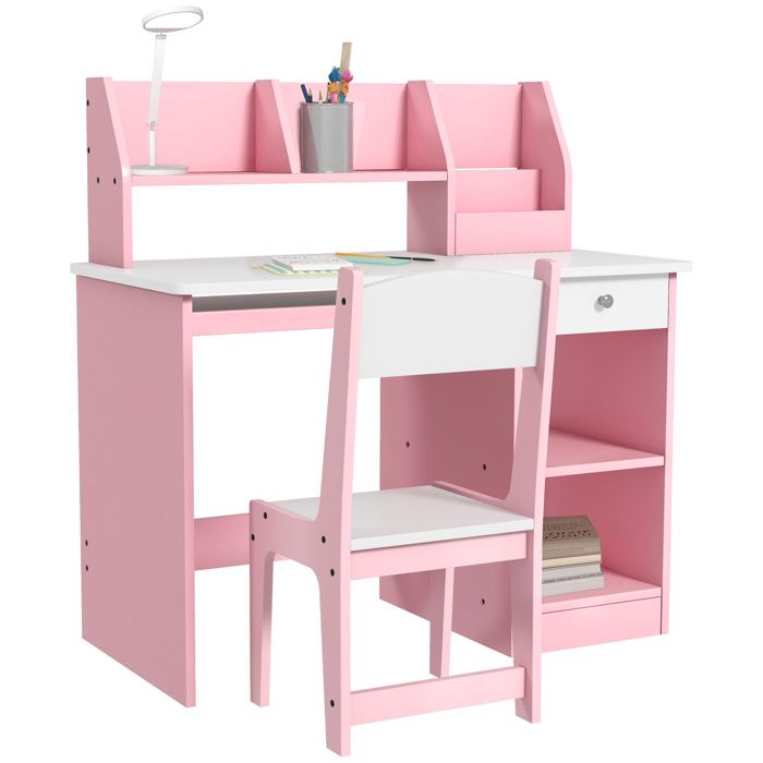 Bureau enfant avec chaise ergonomique avec clavier coulissant tiroir niches et étagères ouvertes 90 x 45 x 90 cm rose Bureau enfant avec chaise ergonomique avec clavier coulissant tiroir niches et étagères ouvertes 90 x 45 x 90 cm rose