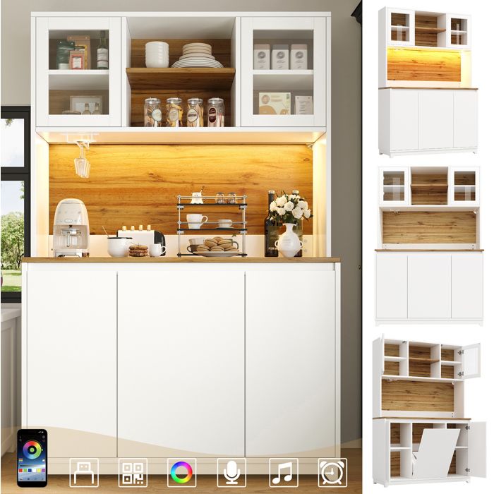 Buffet De Cuisine Blanc Meuble De Rangement FloraGrace Pour Cuisine Ou Salon Avec LED Et Porte-Verres 120x40x180cm