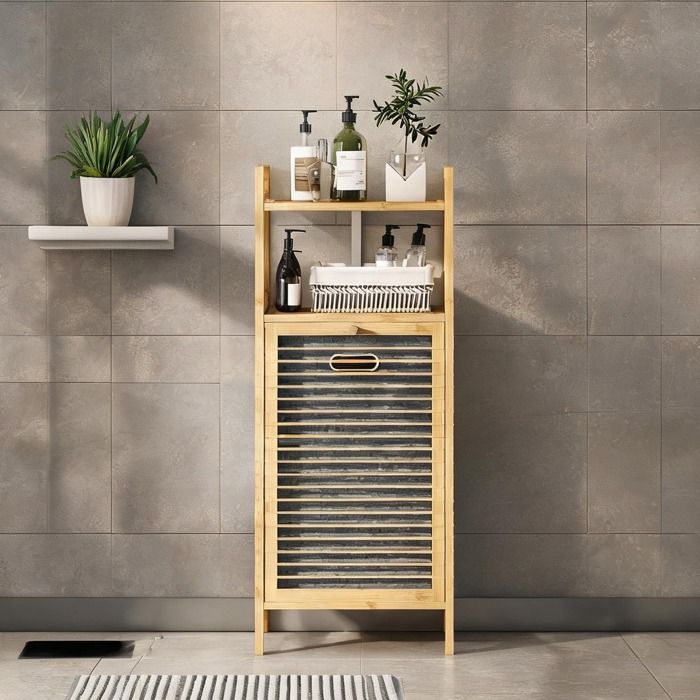 Meuble de rangement en bambou panier à linge basculant 37 L 40x30x95 cm bois naturel scandinave