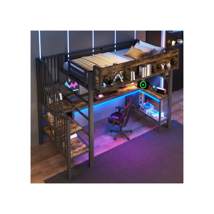 Lit mezzanine 90x200cm avec bureau dangle-rangementéclairage LEDport USB Type-Cnorme EN747sans matelasVintage marron-noir