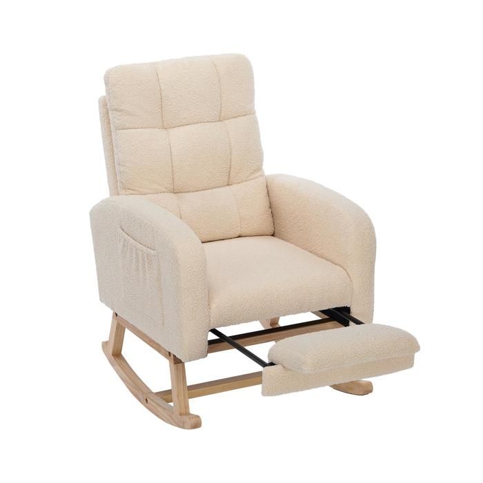 Fauteuil à Bascule - Beige - Scandinave - Métal et Bois Massif avec Soutiens de Jambes Cachés - Confort Optimal