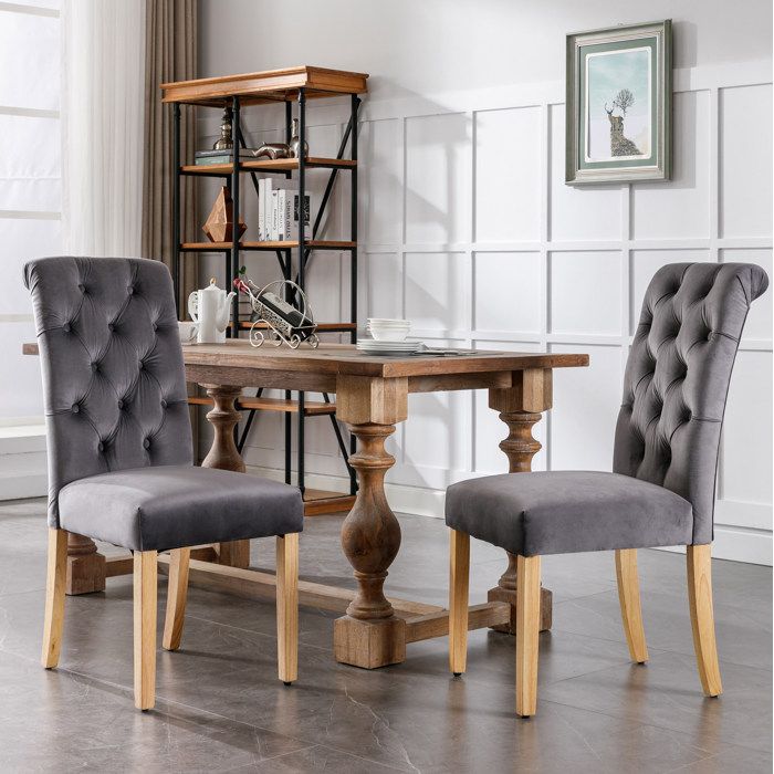 COVREO Lot de 2 chaises de salle à manger en velours gris dossier capitonné pieds en bois montage rapide