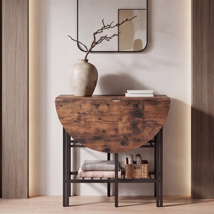 Table de salle à manger pliante ovale avec 2 étagères cadre en métal gain de place 110x70x76 cm marron