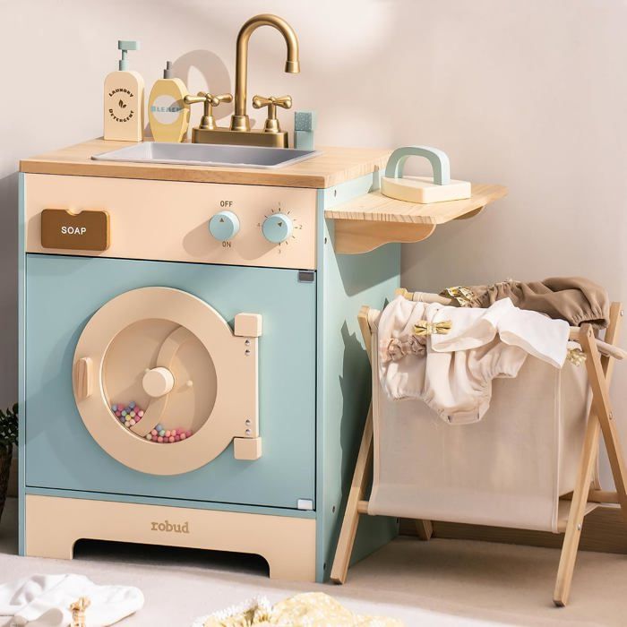 ROBUD Machine à Laver Enfant en Bois avec Accessoires Repassage Panier Lessive Jeu d’Imitation Dès 3 Ans