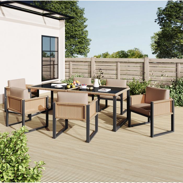 Ensemble table et chaises de jardin 6 personnes - polyrattan - plateau en verre trempe - noir/marron