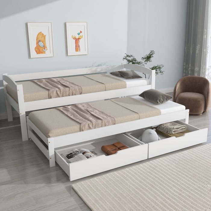 Lit gigogne enfant 90x200 cm Lit de repos Lit simple en pin et MDF avec lit gigogne 90x190 et 2 tiroirs de rangement blanc