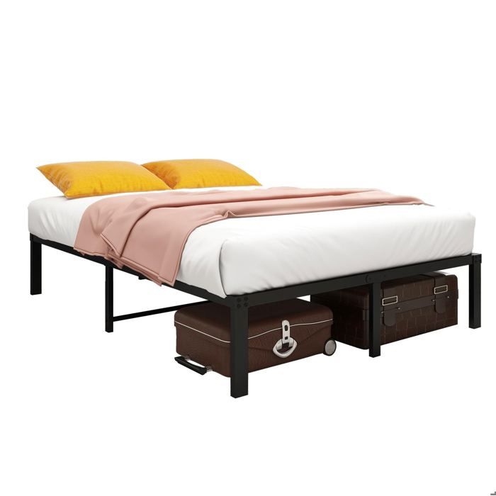 Sommier métal 140x200 cm noir lit plateforme robuste et silencieux avec rangement sans box spring montage facile FOLYNA