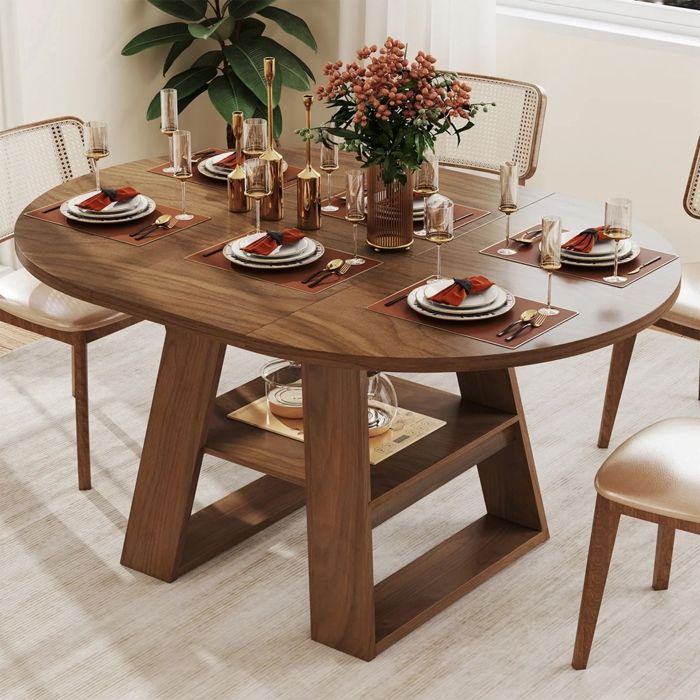 Table à Manger Extensible avec Rangement et étagères Table Extensible Ronde de 110-150x110cm Table de Cuisine 4 à 6 Personnes Noyer