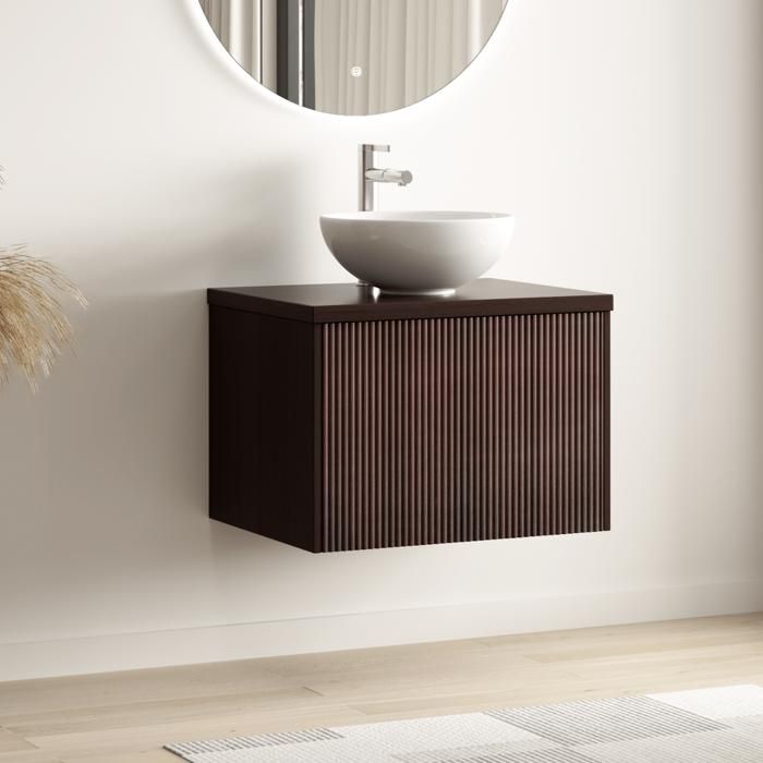 LOMAZOO meuble de salle de bain Messina noyer cannelé - vasque à poser blanche - 60cm