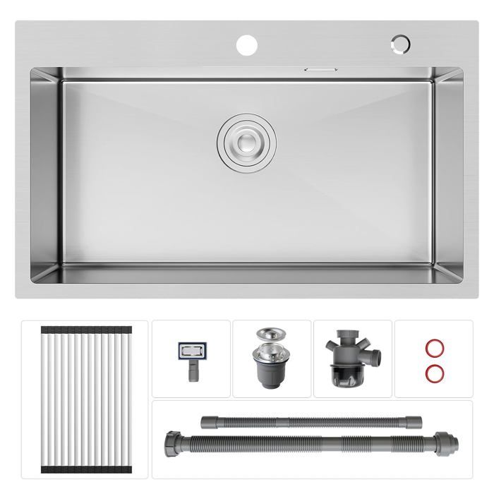 Évier Inox 304 75x45 cm 1 Bac Encastrable ou Sous Plan - Égouttoir Pliable Inclus - Acier Inoxydable pour Plan 80 cm et Plus