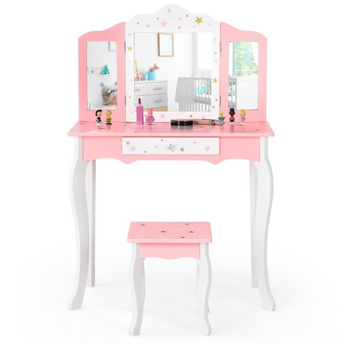 Coiffeuse Pour Enfant En Bois Rose Clair Avec Tabouret Et Miroir Pliable - Dimensions 114x30x108.5 Cm - À Monter