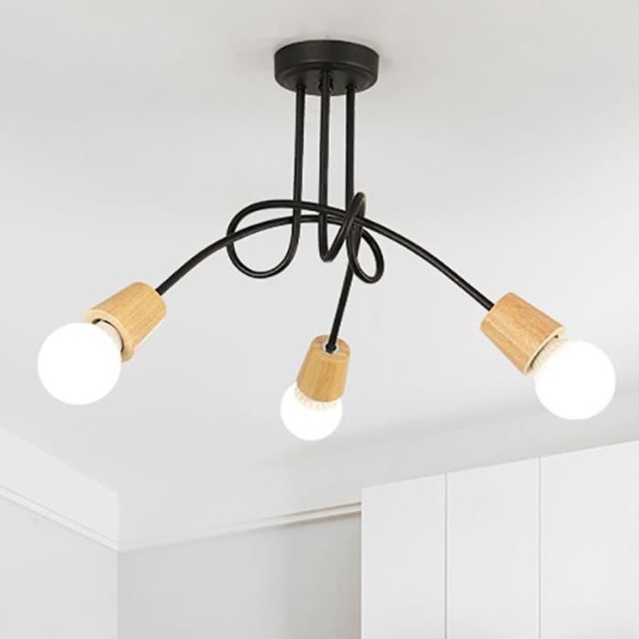 pour 3 ampoules E27 max 40 Watt compatibles ampoules LED Plafonnier Banjul en métal blanc et aspect bois 3 spots de plafond rétros orientables