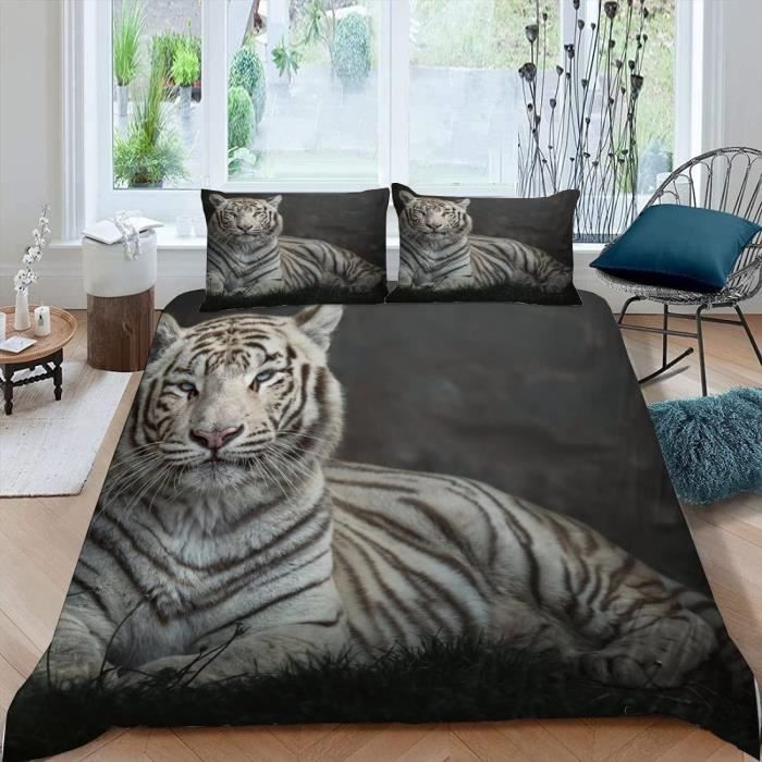 Housse De Couette Réversible 90x200 Cm - Microfibre Douce, Motif Tigre Rayé - Parure De Lit 2 Pièces