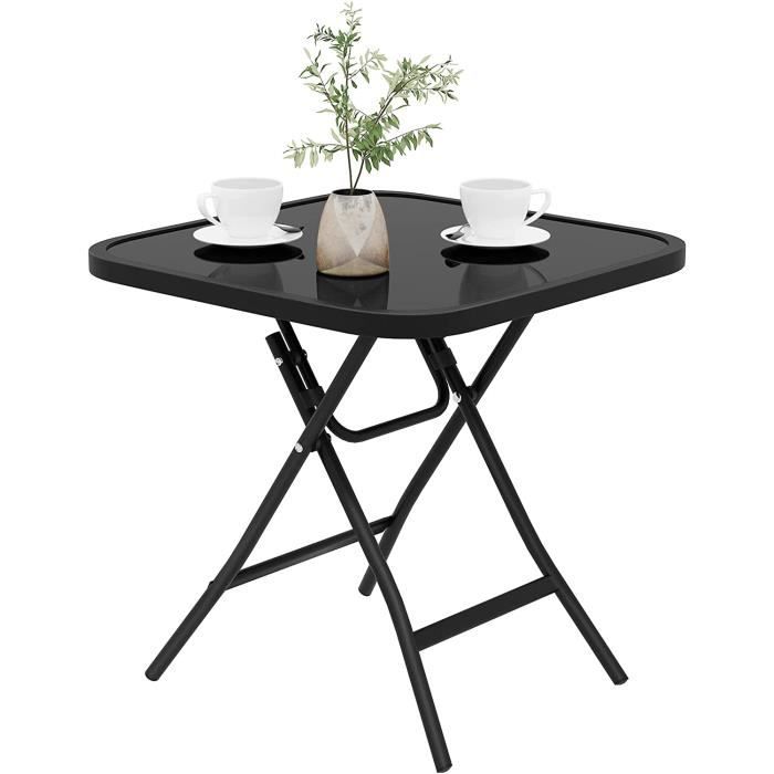 table de jardin pliante, table de balcon en verre trempé, table d'appoint extérieure pour terrasse, carrée 46x46x48cm, noir