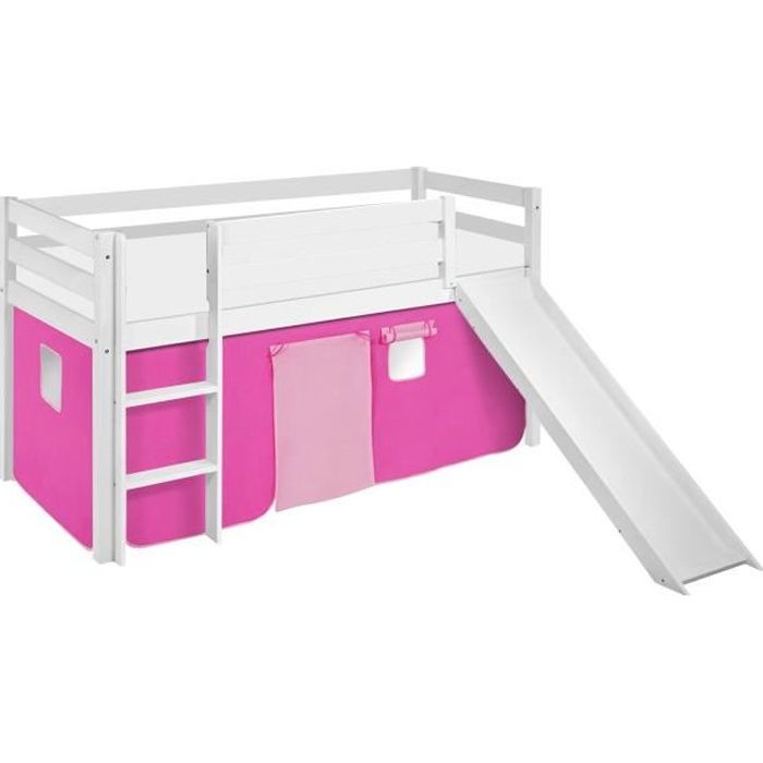 Lit Sureleve Ludique Jelle 90 X 190 Cm Rose Avec Rideaux Et Toboggan Lilokids Blanc Laque Cdiscount Maison