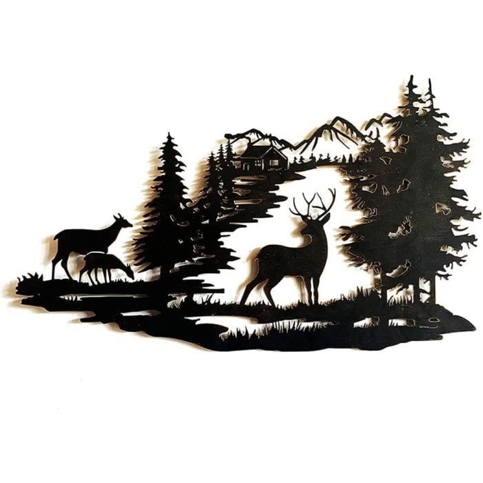 Art Mural en Métal,Scène Woodland Deer Scène Métal Art Mural, Scène De La Forêt De Montagne Décor Mural, Sculpture Murale 24x 40cm