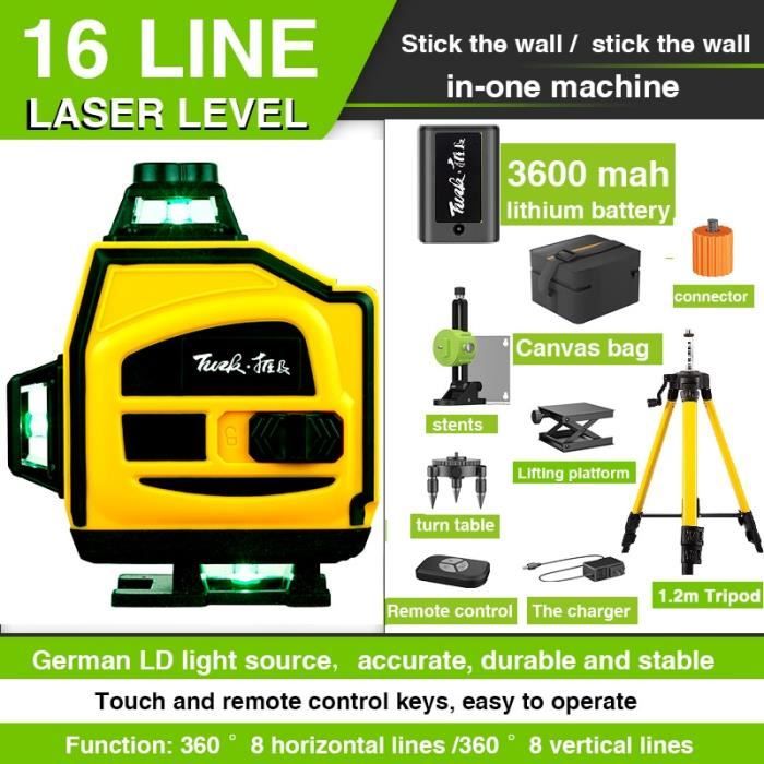 Niveau Laser Vert 4D 16 Lignes HGLINE - Auto-nivelant 360° Avec 2 Piles Et Télécommande