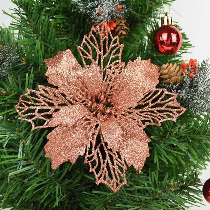 Yueshop Lot De 10 Grandes Fleurs De Noël (15 Cm) Poinsettia à Paillettes Pour Sapin De Noël (argent