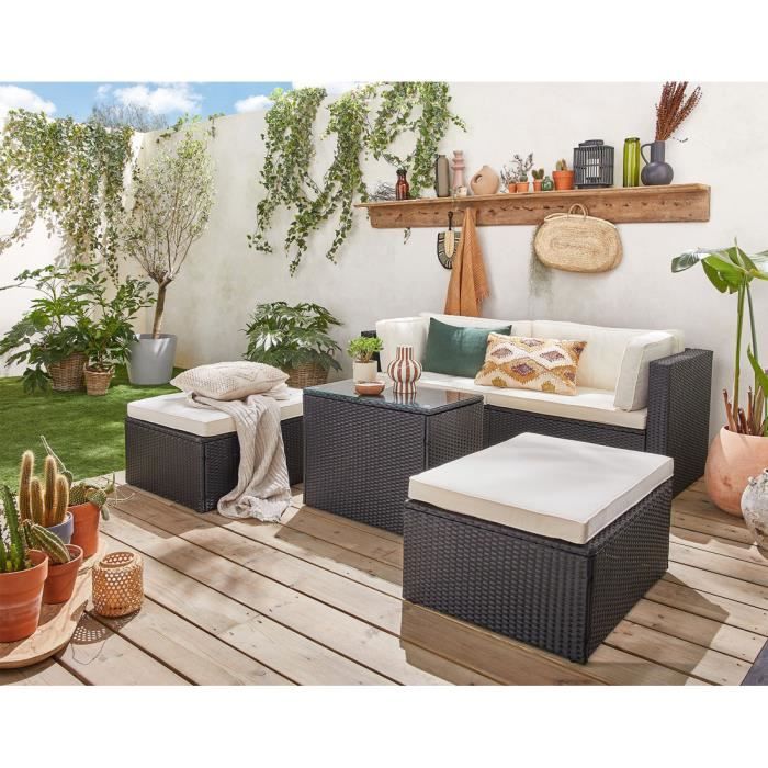 Otaki - salon bas de jardin modulable 5 places - résine tressée noire et coussins beiges - Noir / Beige