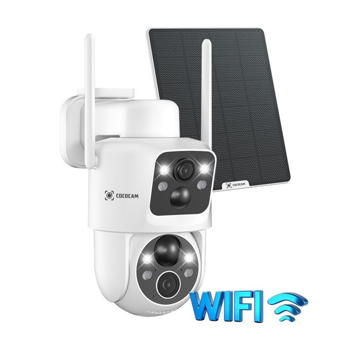 COCOCAM Caméra Surveillance 2K WiFi Extérieure sans Fil - 2 Objectif PIR - Batterie 10000mAh - Panneau Solaire 6W - Analyse IA
