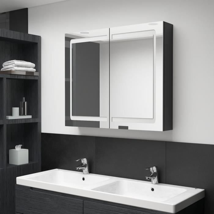 colonne de salle de bain - armoire à miroir led noir brillant 80x12x68 cm - dioche - contemporain - design