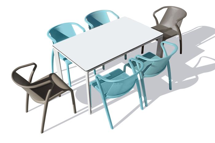 table de jardin meet-tb160b-blanc, 4 fauteuils fado-ft-aquamarine et 2 fauteuils fado-ft-taupe