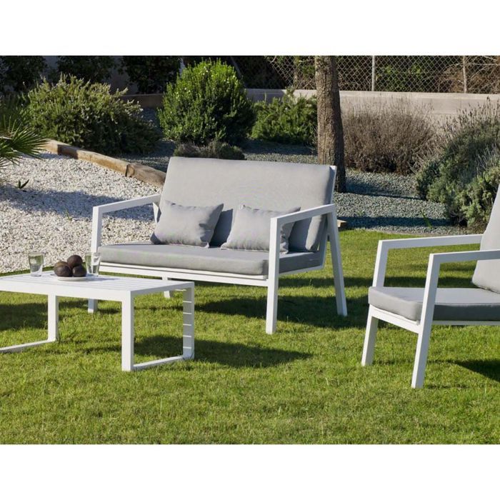 salon de jardin détente en aluminium - hevea - agata - blanc gris clair - coussins déhoussables - 4 personnes