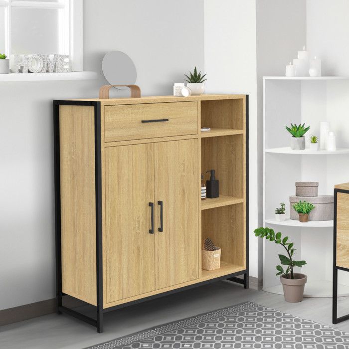 Yaheetech Meuble Salle de Bain Rangement en Bois 1 Armoire à 2 Etagères Réglables 1 Tiroir 3