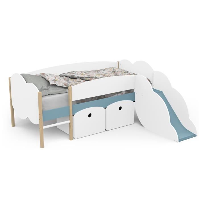DEMEYERE Lit toboggan - 90 x 200 cm - Sommier à lattes - 2 Tirroirs - Décor blanc et bleu orage