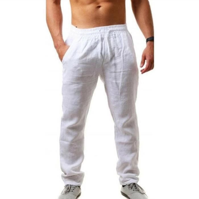 Pantalon Homme en Coton Lin FONDUPIN Ete Leger Respirant Blanc Blanc Cdiscount Pret a Porter