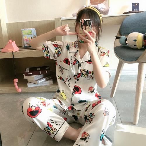 AGYMNX Pyjama Femme Soie Glacée 2 Pièces - Ensemble Col V Manches Courtes Confortable