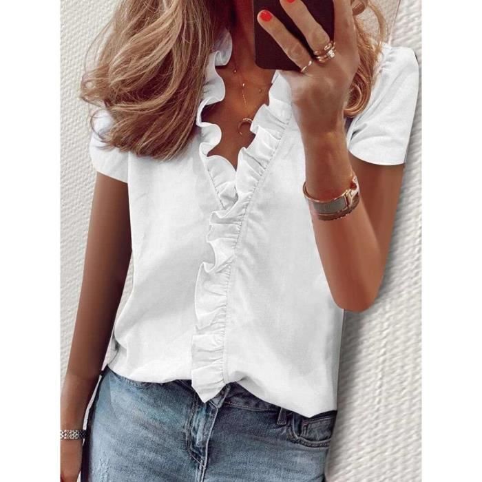Chemise,Tunique lgante  manches courtes et col en V pour femmes ...