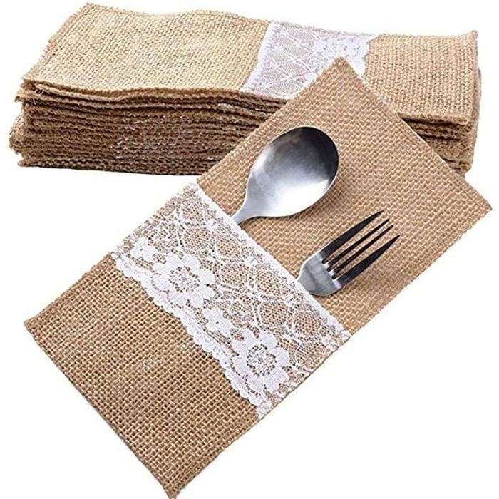 (11 x 21cm) 40pcs Sac Couvert Toile Jute Dentelle Pochette Couvert Porte Couvert Vintage Decoration Table de Mariage Fête Noël