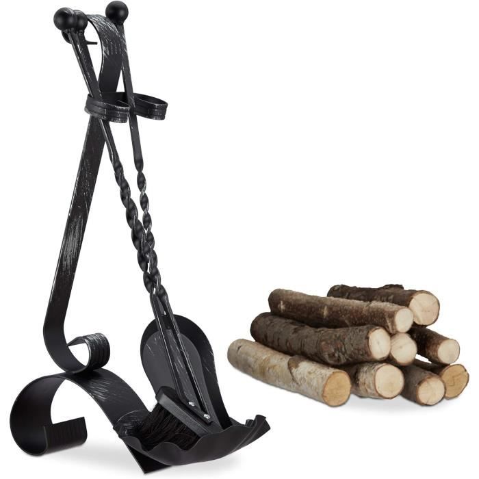 Ensemble Serviteur De Cheminée 4 Pièces - Pelle, Balai, Gants Et Crochet - Manches En Bois, Acier Noir - Pour Cheminée, Poêle, Barbecue