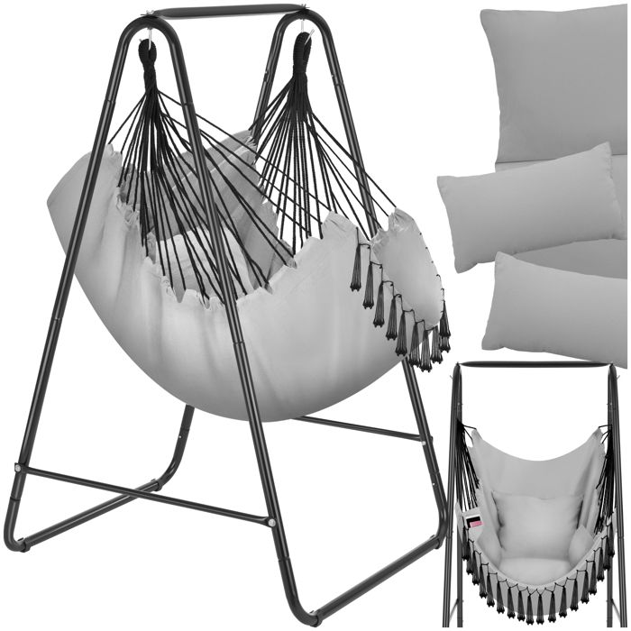 Fauteuil - TECTAKE - Siège suspendu ALISON au style bohème avec 3 coussins épais capacité de 160 kg 85 x 100 x 154 cm - Gris