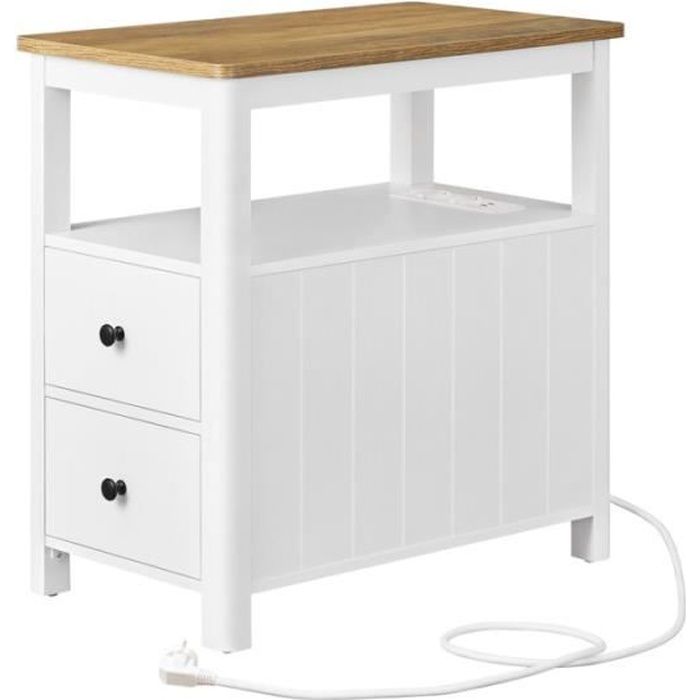 Table d’Appoint avec Multiprise avec 2 Tiroirs Petite Table Basse avec Étagère de Rangement Marron Chêne et Blanc
