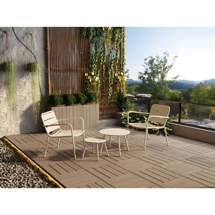 salon de jardin en métal - 2 fauteuils bas empilables et tables gigognes - beige - mirmande de mylia